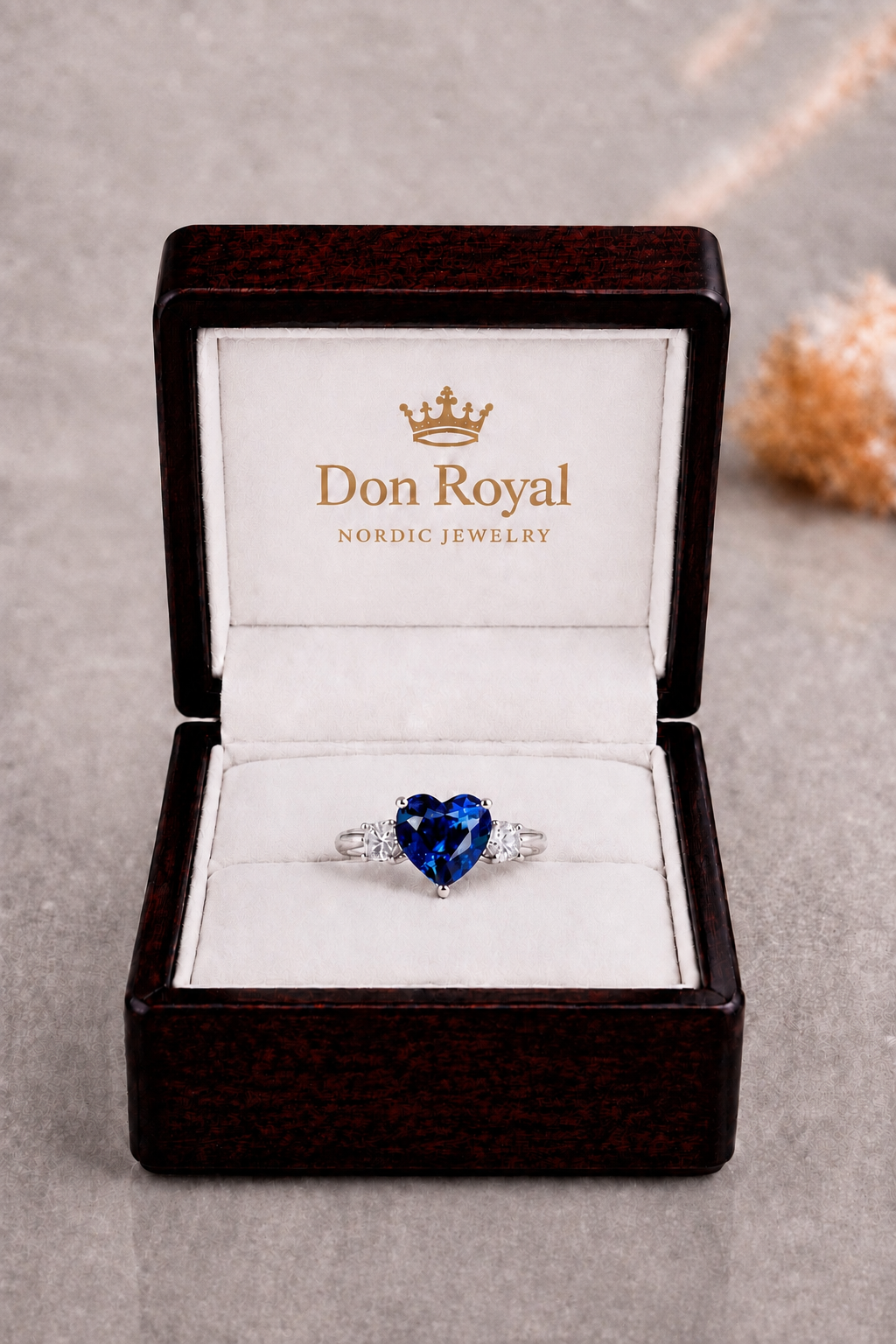 Natural Blue Sapphire Diamond Trilogy Gold Ring Box