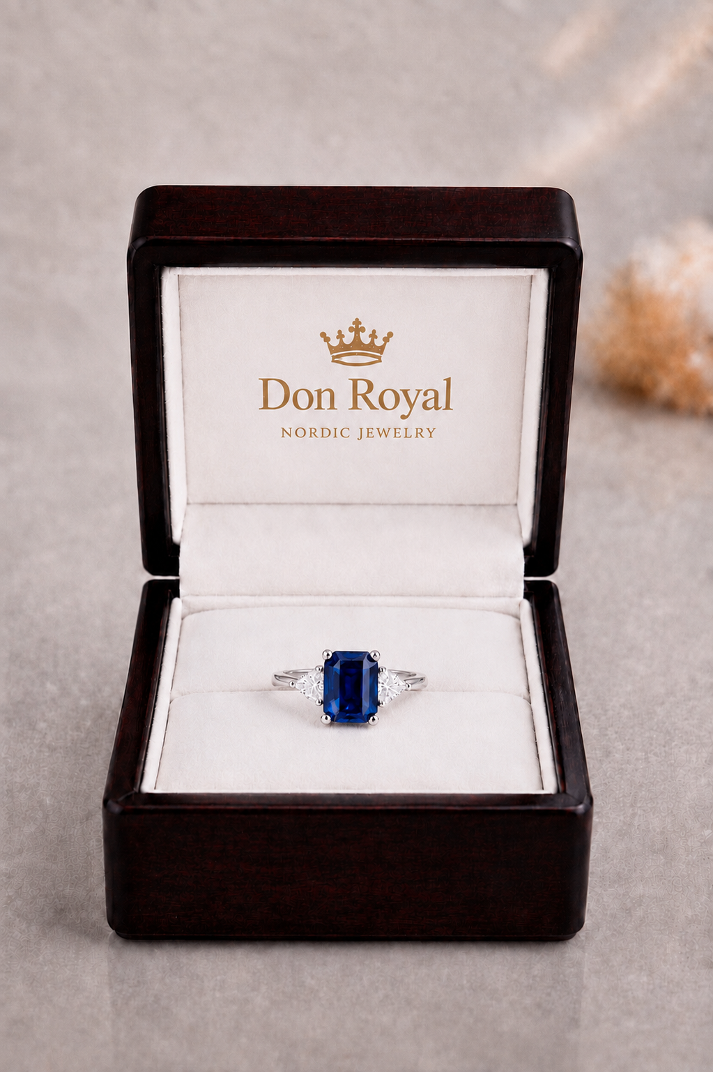 Natural Blue Sapphire Diamond Handcrafted Trilogy Gold Ring Box