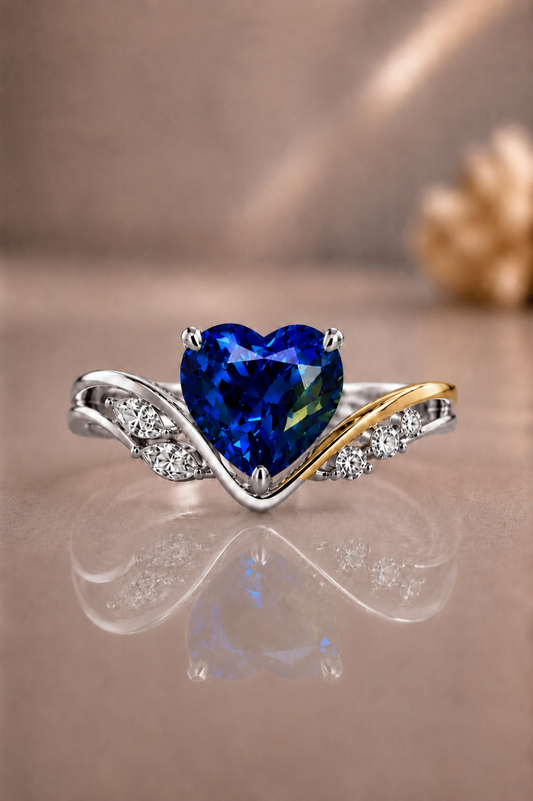 natural heart  blue sapphire diamond handcrafted two-tone gold ring one of a kind