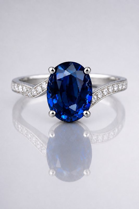 Natural Blue Sapphire Diamond Handcrafted White Gold Ring