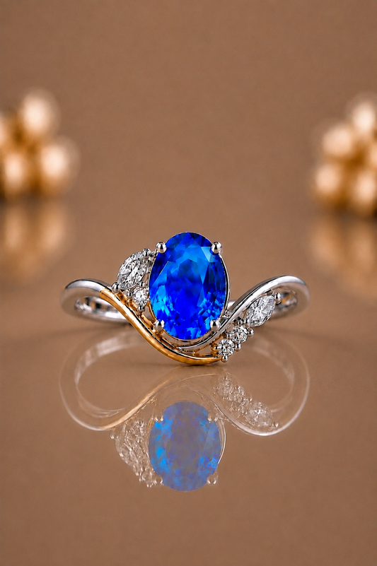 Natural Blue Sapphire Diamond Handcrafted White Gold Ring