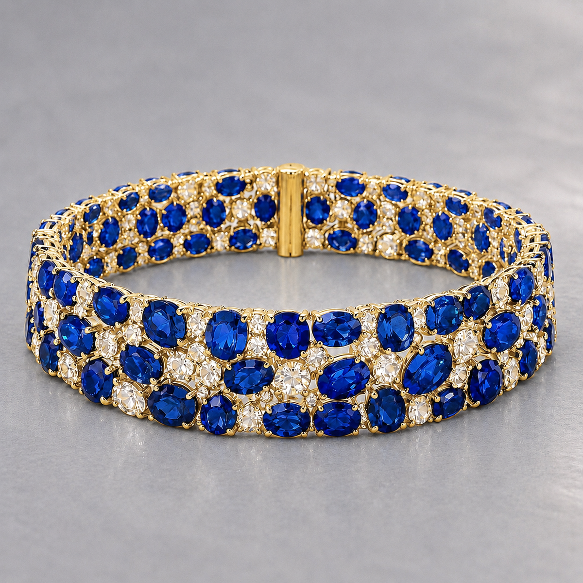 Natural Blue Sapphire Diamond Handcrafted Yellow Gold Bracelet