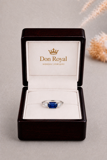 Natural Blue Sapphire Diamond Trilogy Handcrafted Gold Ring Box