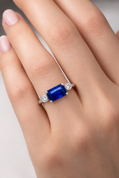 Natural Blue Sapphire Diamond Trilogy Handcrafted Gold Ring Model