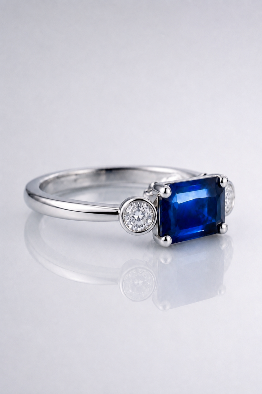 Natural Blue Sapphire Diamond Trilogy Handcrafted Platinum Ring