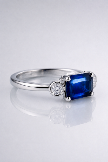 Natural Blue Sapphire Diamond Trilogy Handcrafted Platinum Ring