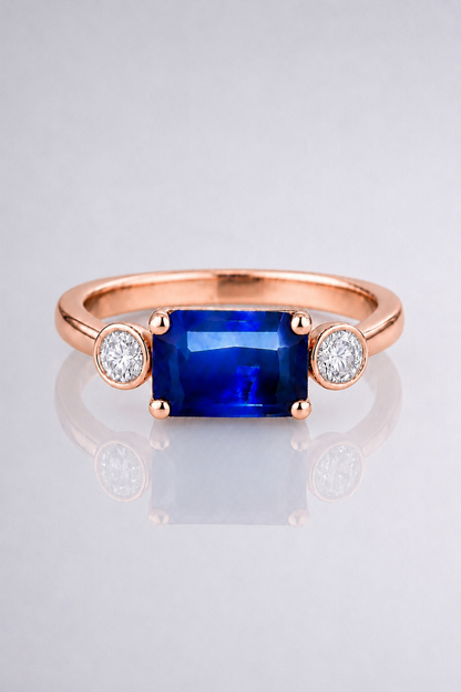 Natural Blue Sapphire Diamond Trilogy Handcrafted Rose Gold Ring