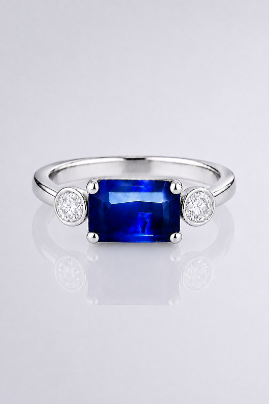 Natural Blue Sapphire Diamond Trilogy Handcrafted White Gold Ring