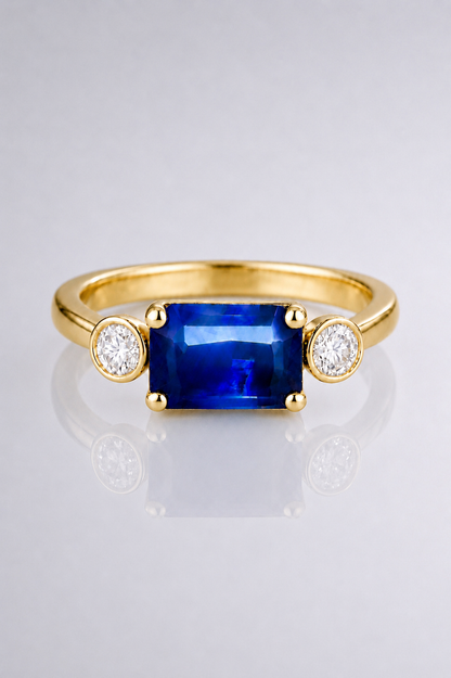 Natural Blue Sapphire Diamond Trilogy Handcrafted Yellow Gold Ring