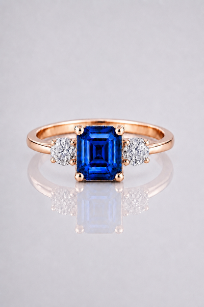 Natural Blue Sapphire Diamond Trilogy Rose Gold Ring