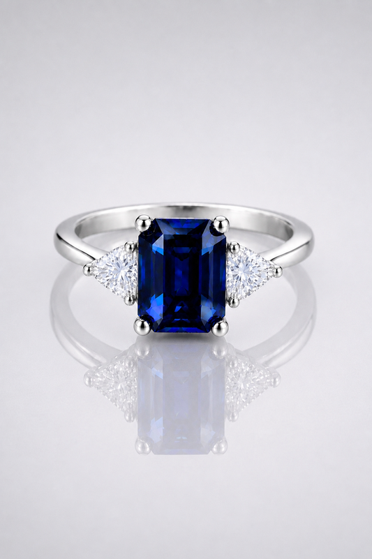 Natural Blue Sapphire Diamond Trilogy White Gold Ring