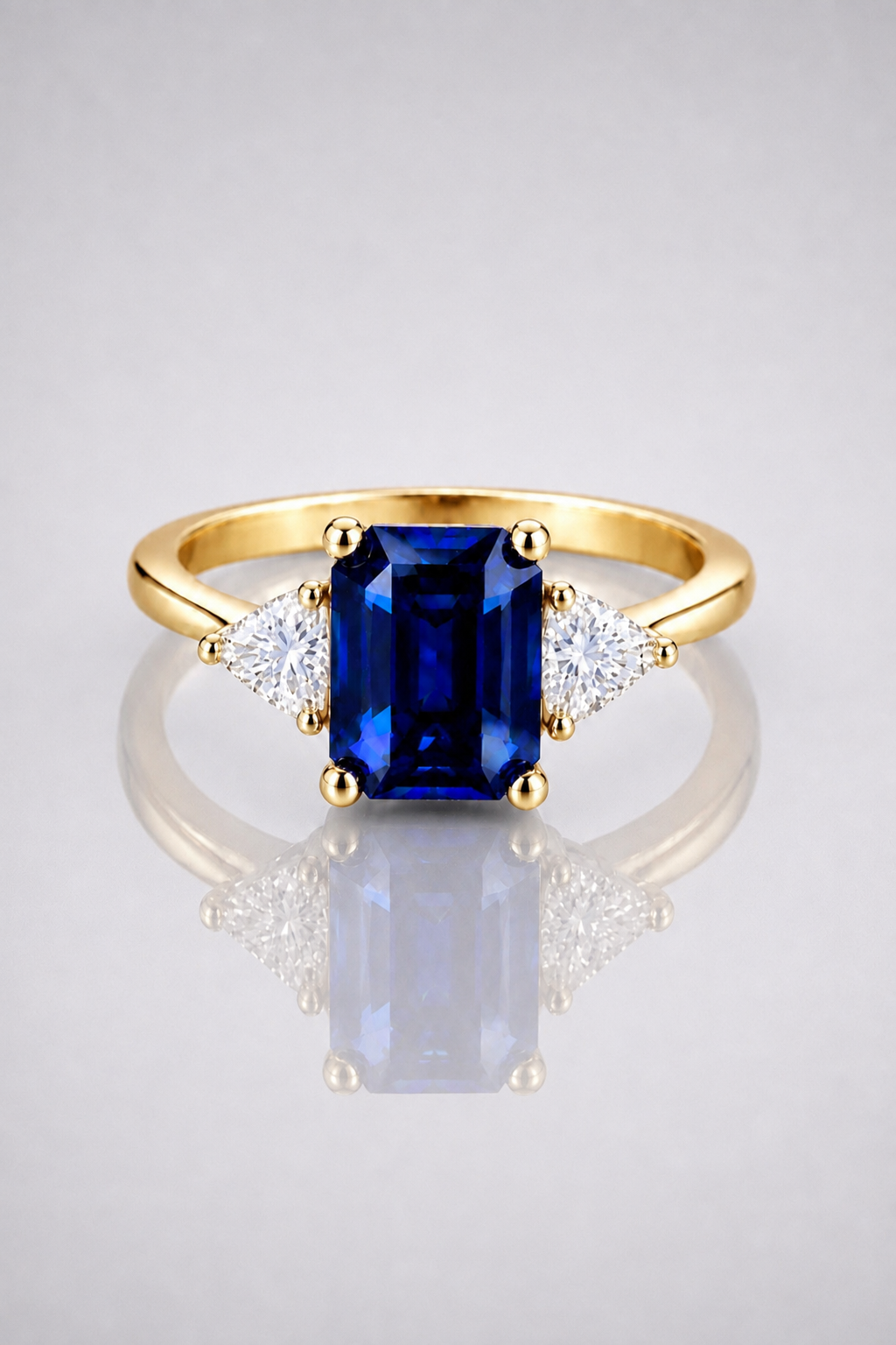 Natural Blue Sapphire Diamond Trilogy Yellow Gold Ring Box