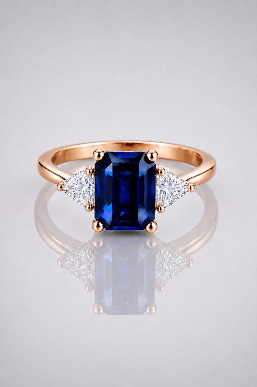 Natural Blue Sapphire Diamond Trilogy Rose Gold Ring Box