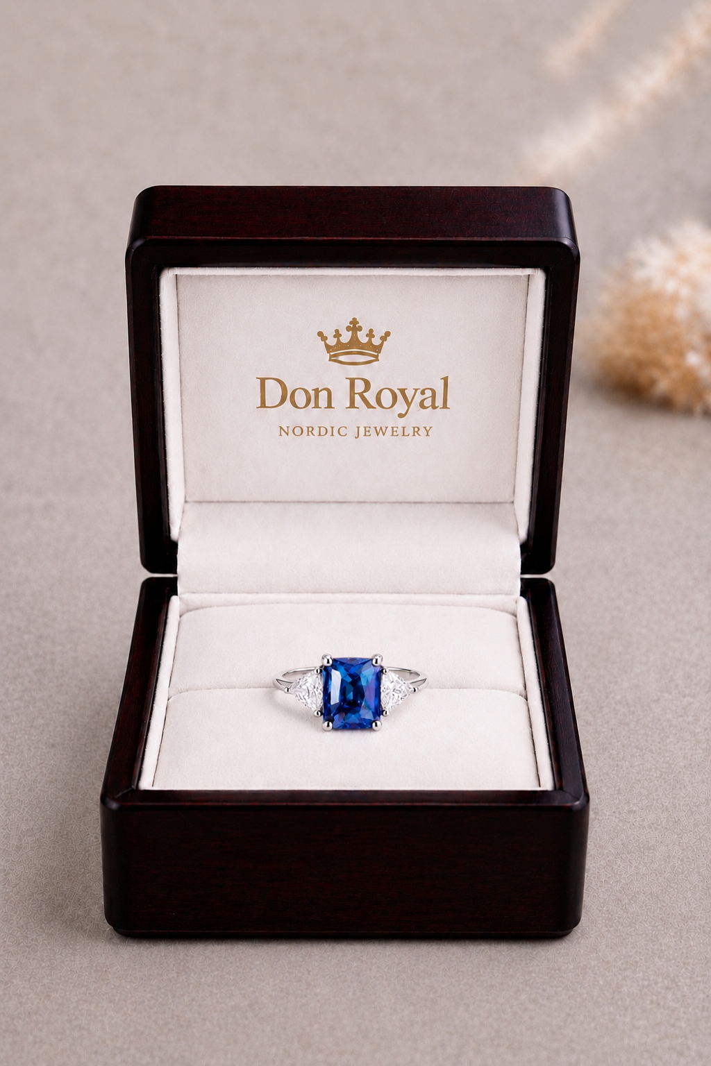 Natural Blue Spinel Diamond Handcrafted Trilogy Gold Ring Box