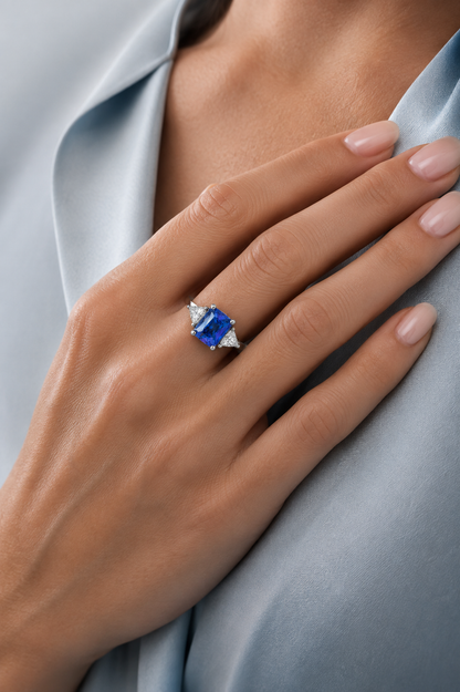 Natural Blue Spinel Diamond Handcrafted Trilogy Gold Ring Model