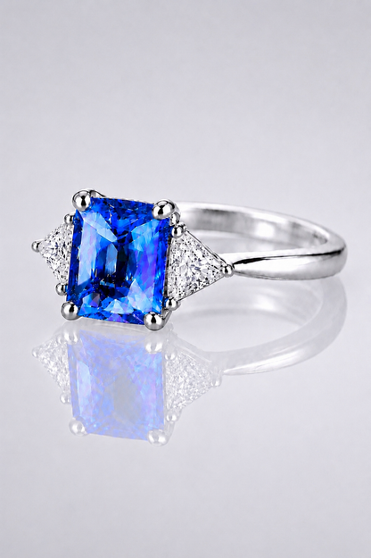 Natural Blue Spinel Diamond Handcrafted Trilogy Platinum Ring
