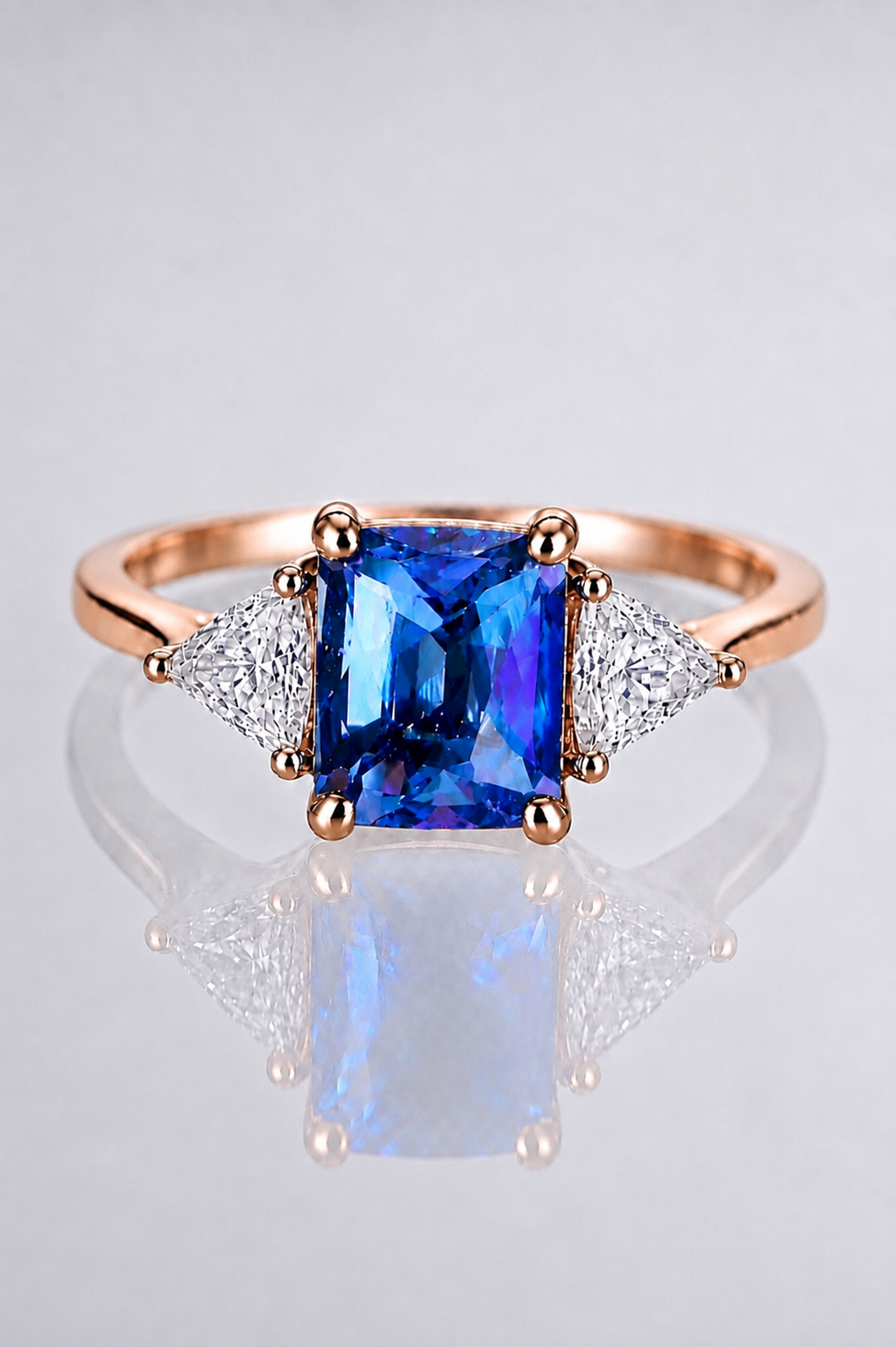 Natural Blue Spinel Diamond Handcrafted Trilogy Rose Gold Ring