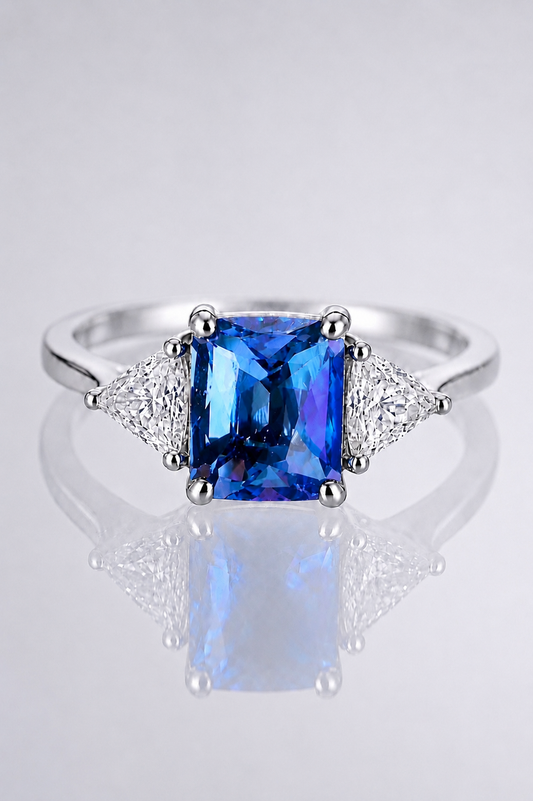 Natural Blue Spinel Diamond Handcrafted Trilogy White Gold Ring