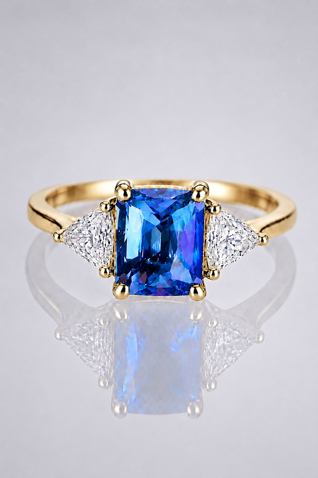 Natural Blue Spinel Diamond Handcrafted Trilogy Yellow Gold Ring