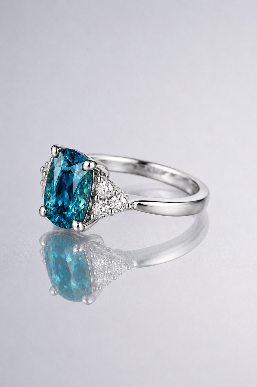 Natural Greenish Blue Spinel Diamond Handcrafted Platinum Ring