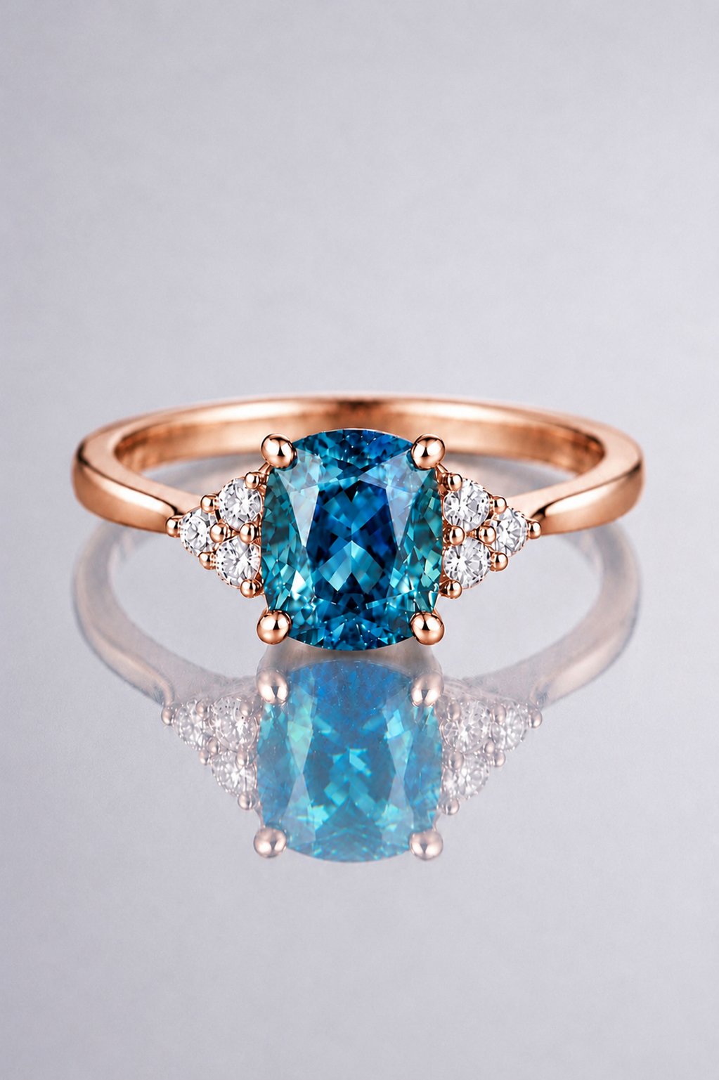 Natural Greenish Blue Spinel Diamond Handcrafted Rose Gold Ring