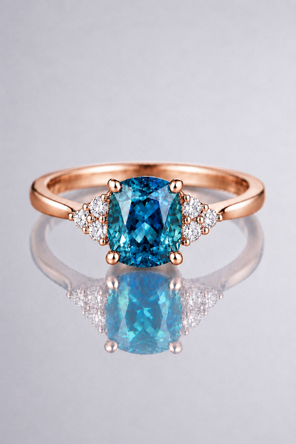 Natural Greenish Blue Spinel Diamond Handcrafted Rose Gold Ring