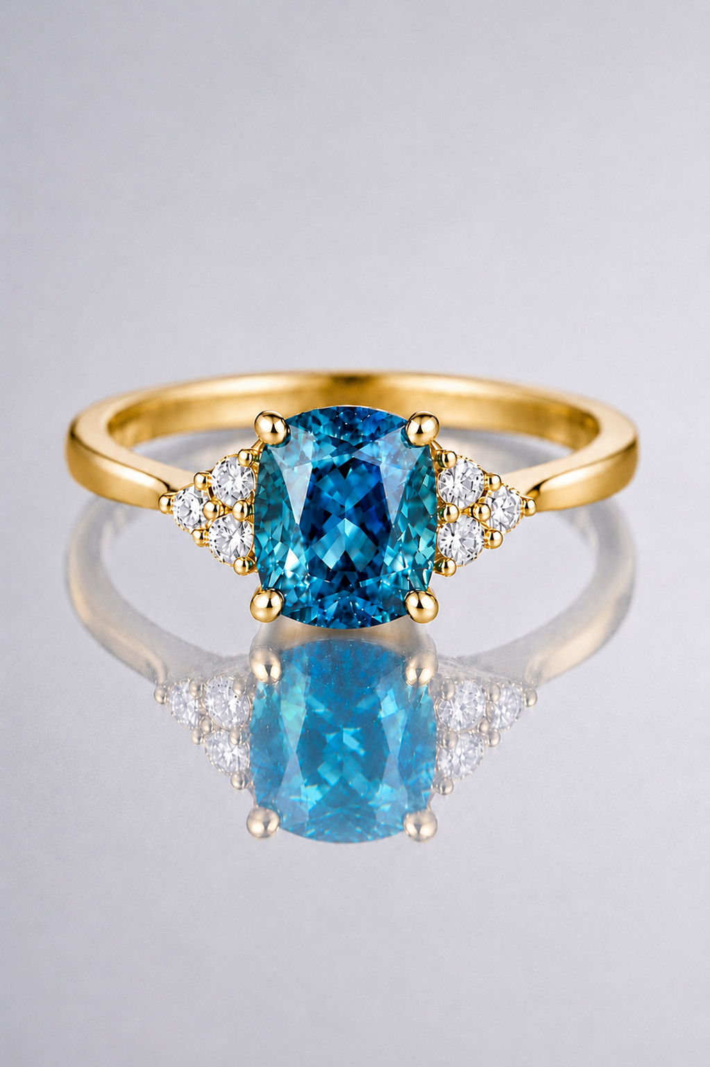 Natural Greenish Blue Spinel Diamond Handcrafted Yellow Gold Ring