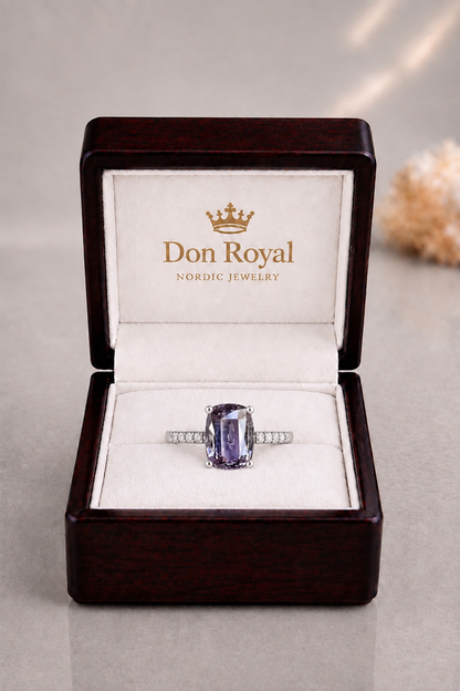 Natural Grey Spinel Diamond Handcrafted Gold Ring Box
