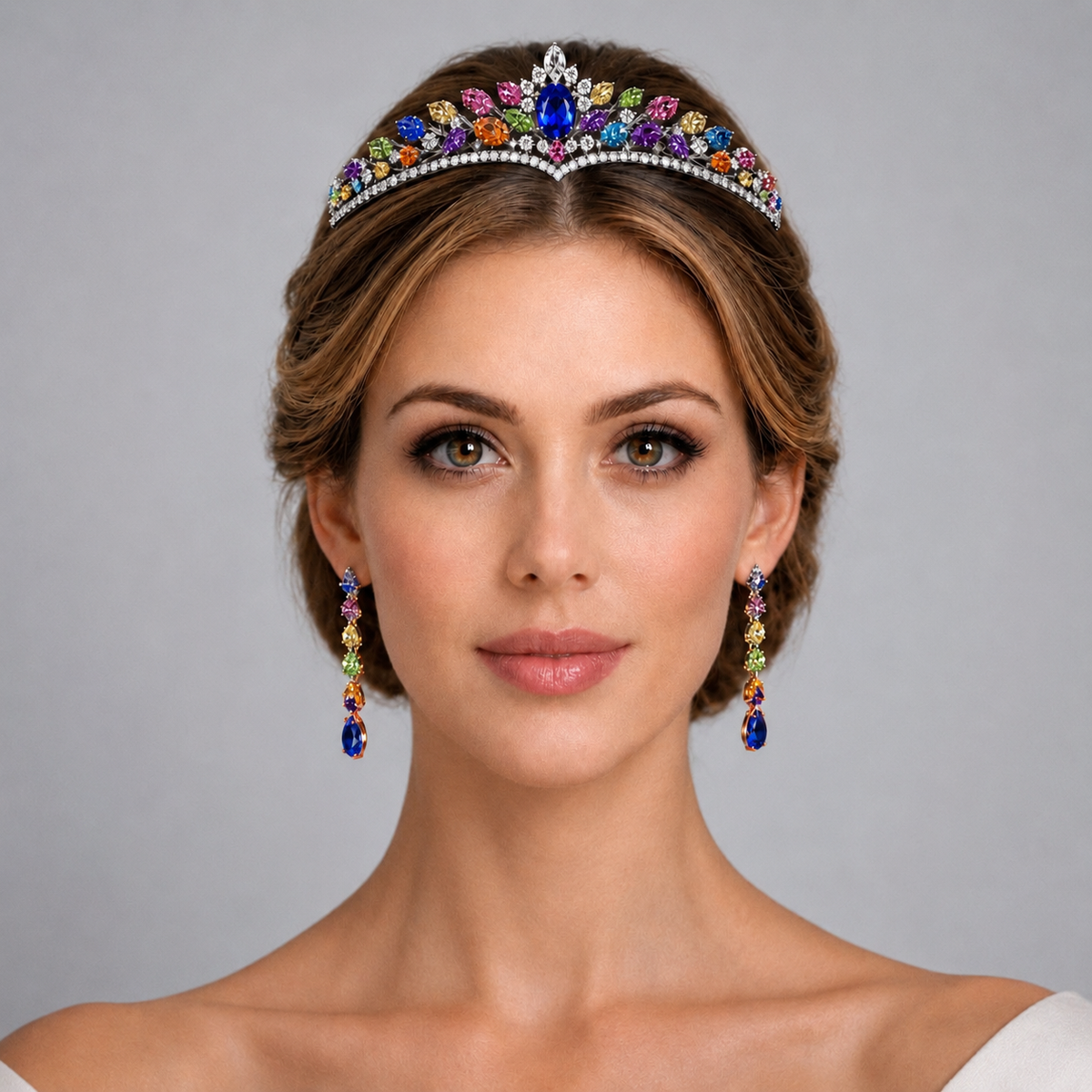 Natural Multicolored Sapphire Diamond Handcrafted Gold Tiara Model