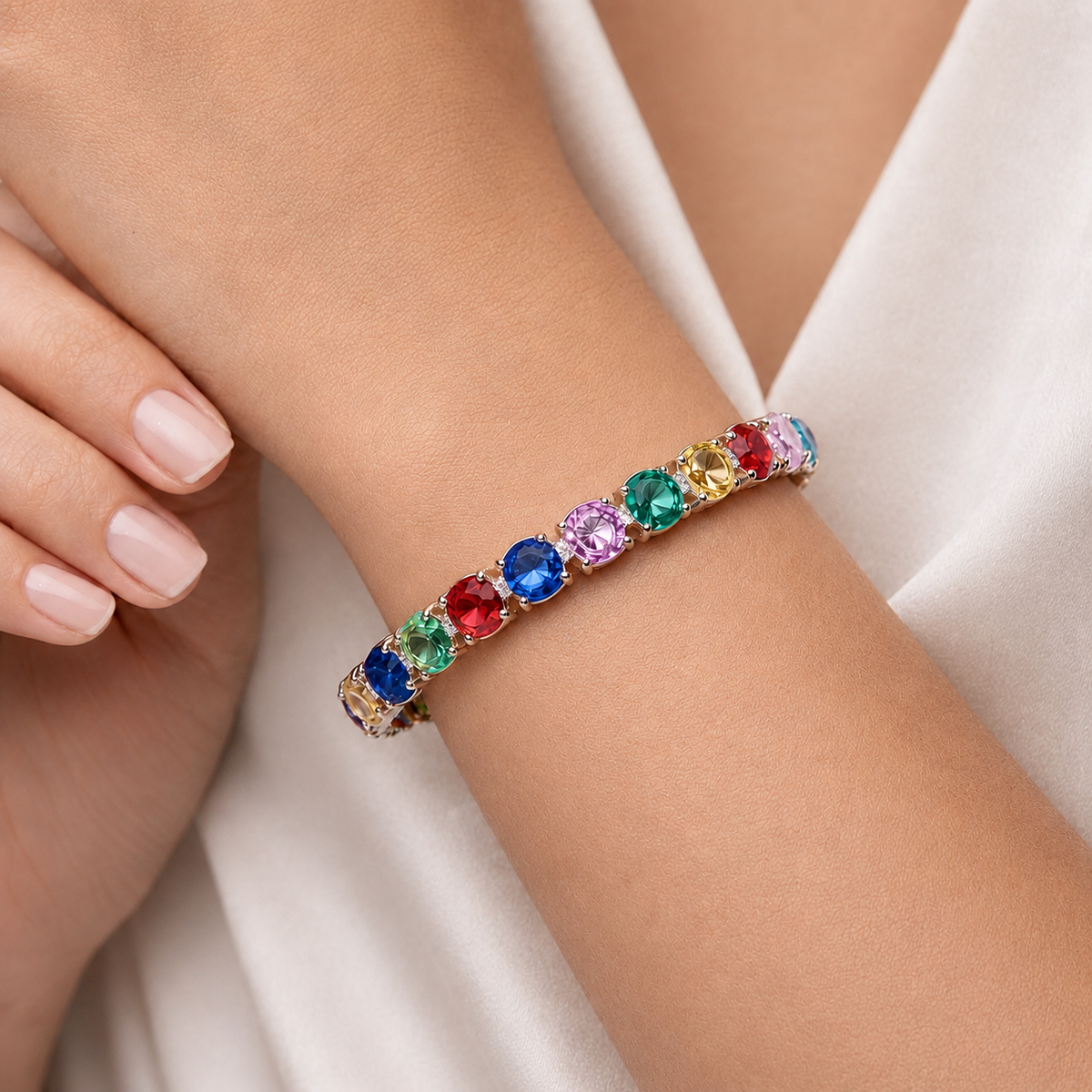 Natural Multicolored Sapphire Diamond Tennis Handcrafted Gold Bracelet Model