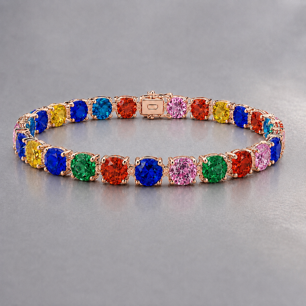 Natural Multicolored Sapphire Diamond Tennis Handcrafted Rose Gold Bracelet