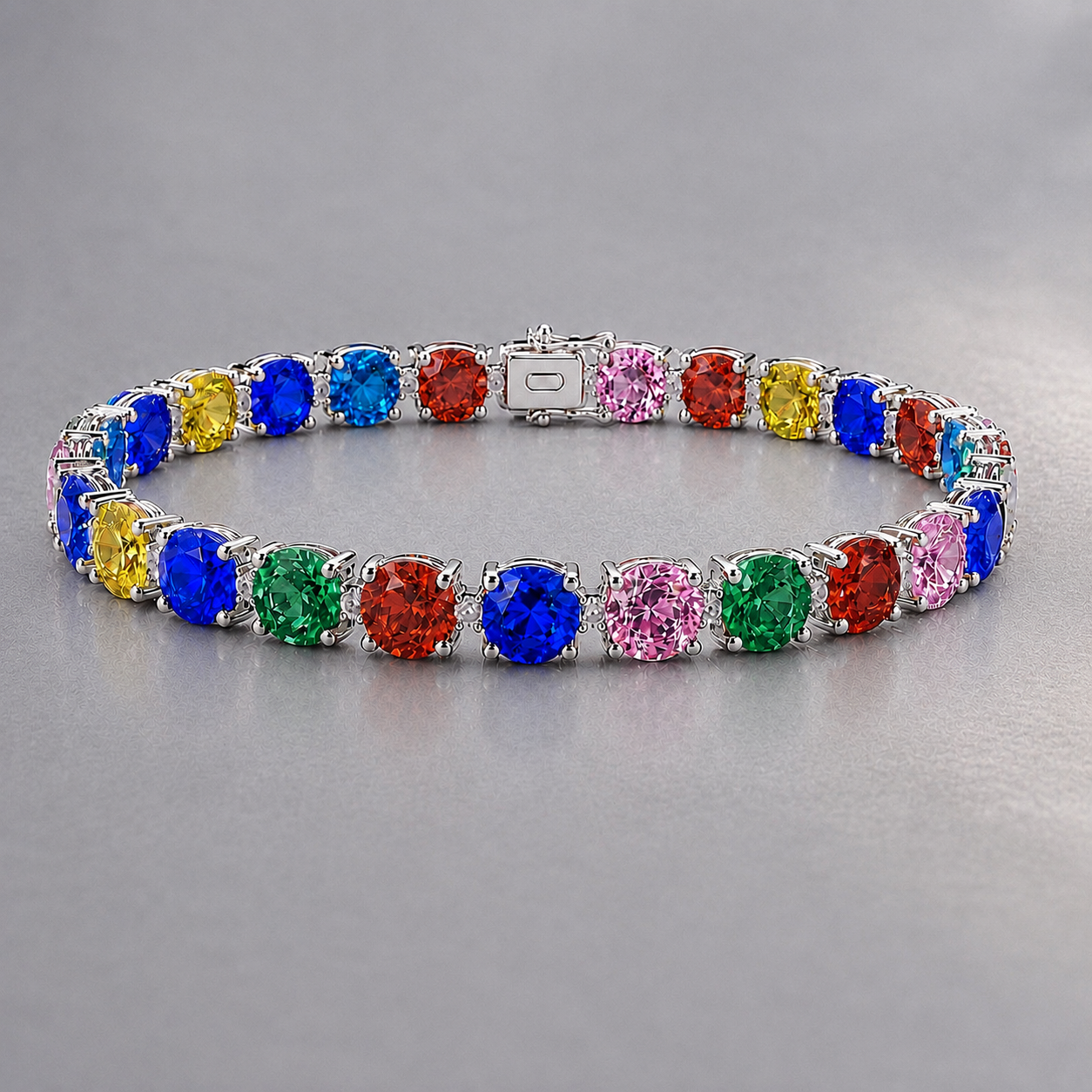 Natural Multicolored Sapphire Diamond Tennis Handcrafted White Gold Bracelet