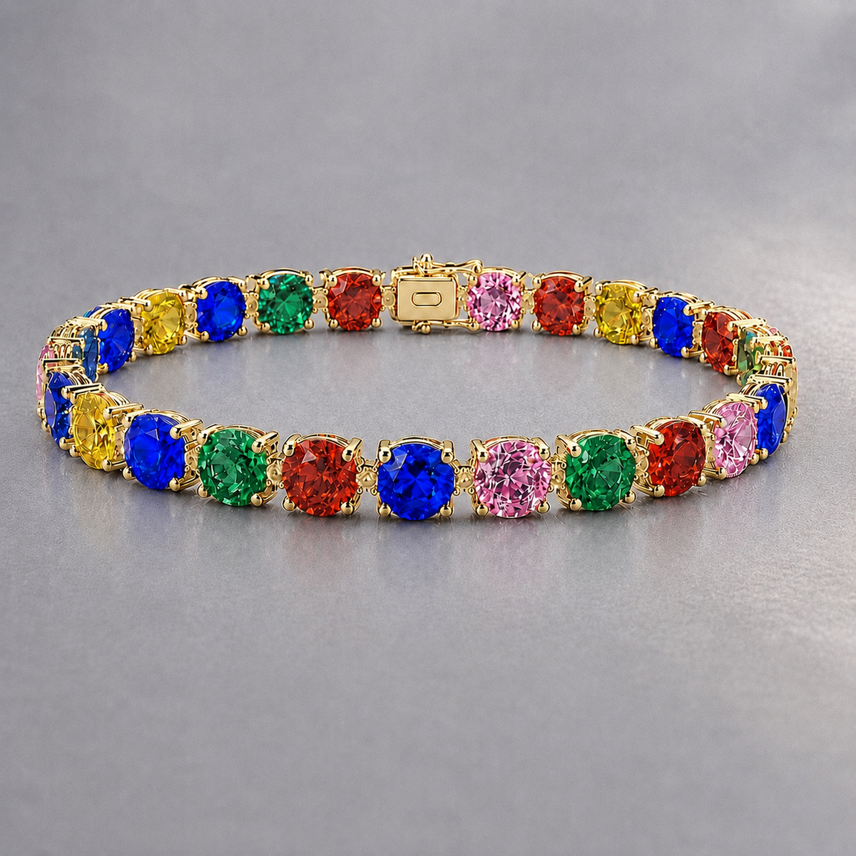 Natural Multicolored Sapphire Diamond Tennis Handcrafted Yellow Gold Bracelet