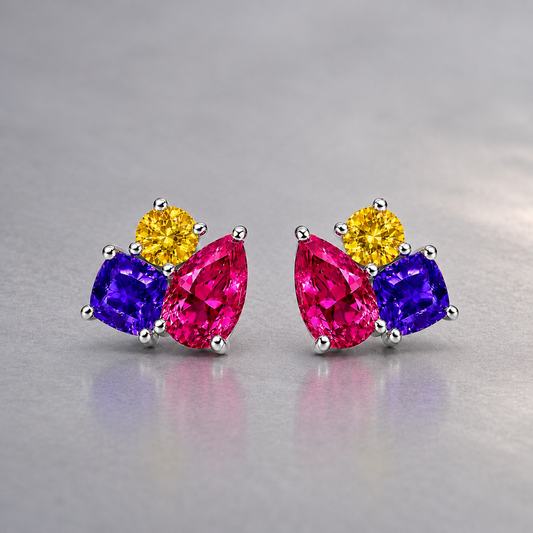 Natural Multicolored Sapphire Handcrafted White Gold Earrings
