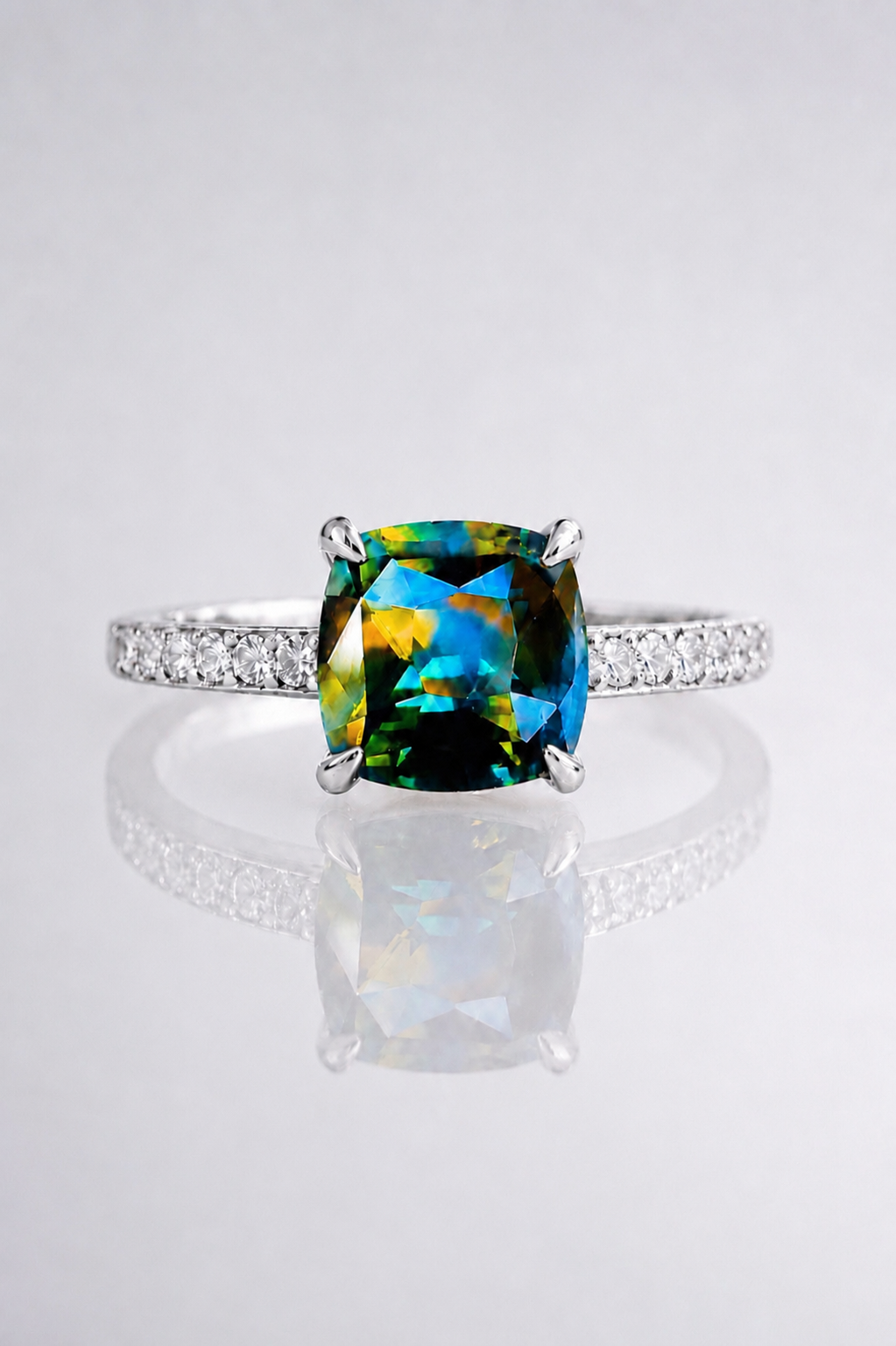 Natural Parti Sapphire Diamond Handcrafted White Gold Ring