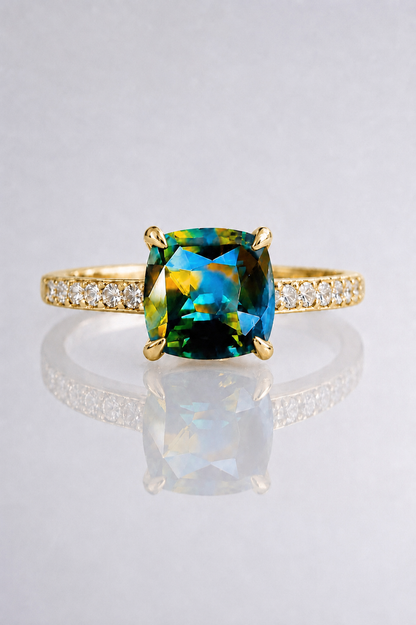 Natural Parti Sapphire Diamond Handcrafted Yellow Gold Ring