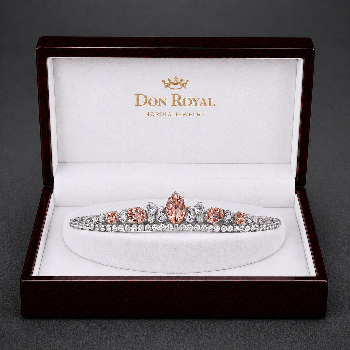 Natural Peach Sapphire Diamond Handcrafted Gold Tiara Box