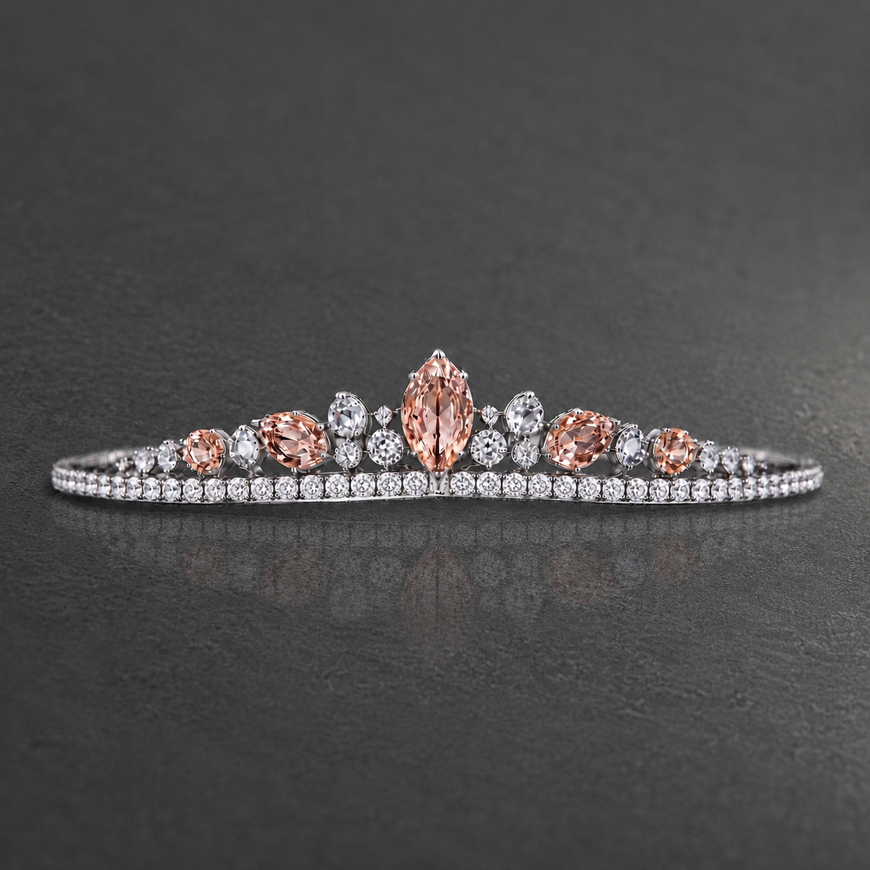 Natural Peach Sapphire Diamond Handcrafted White Gold Tiara