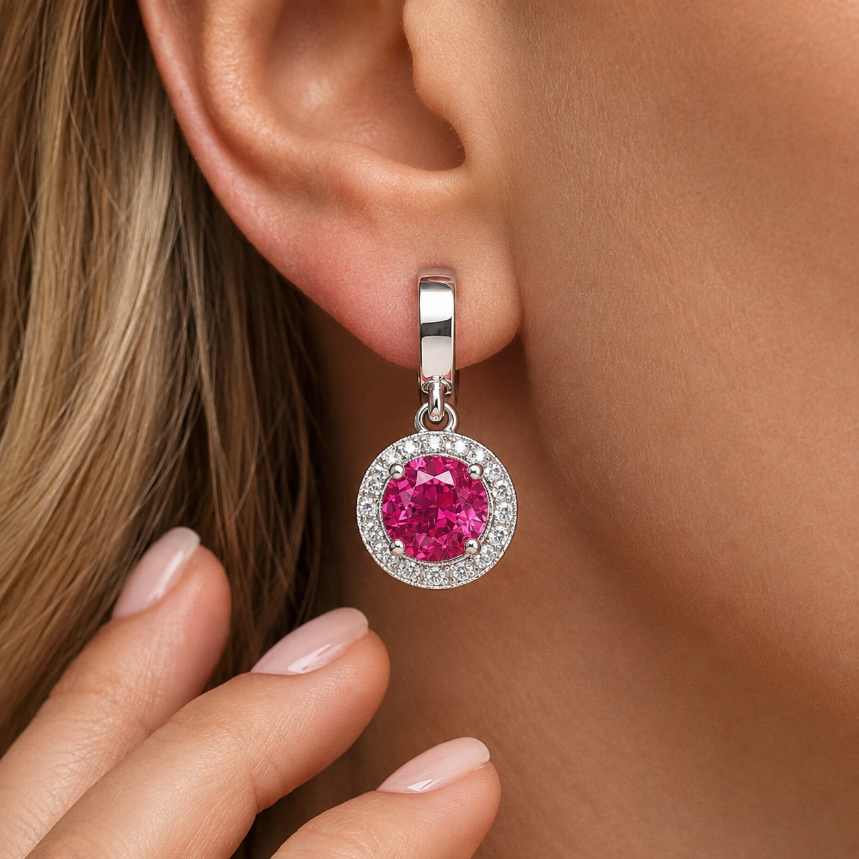 Natural Pink Sapphire Diamond Halo Handcrafted Gold Earrings Model