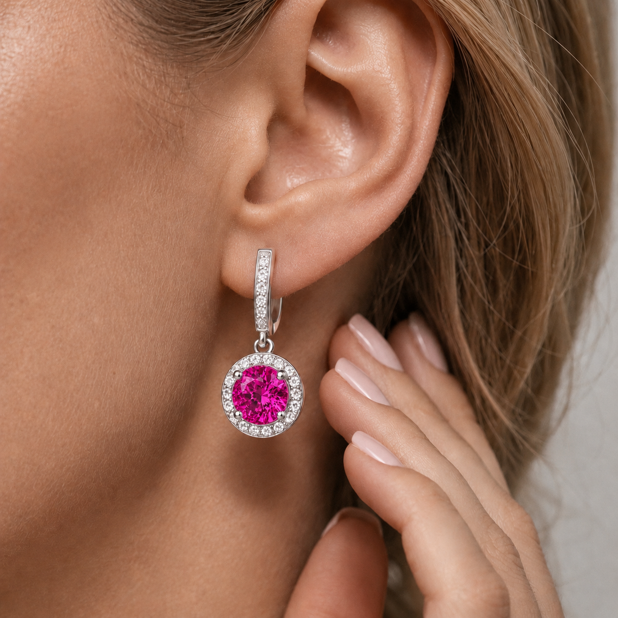 Natural Pink Sapphire Diamond Halo Handcrafted Gold Earrings Model