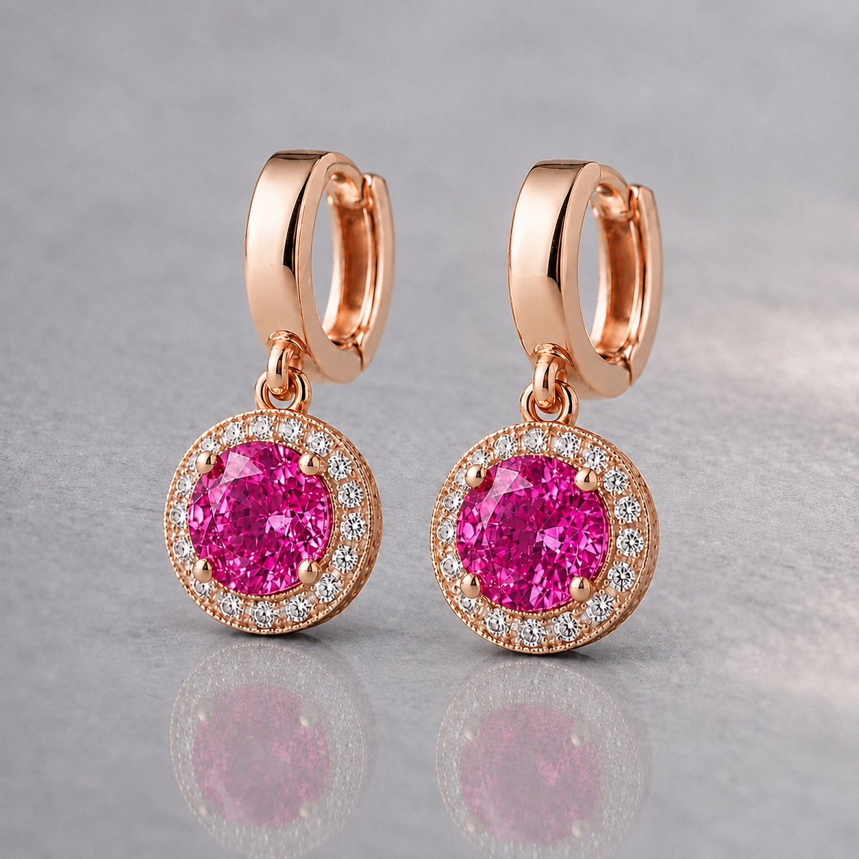 Natural Pink Sapphire Diamond Halo Handcrafted Rose Gold Earrings