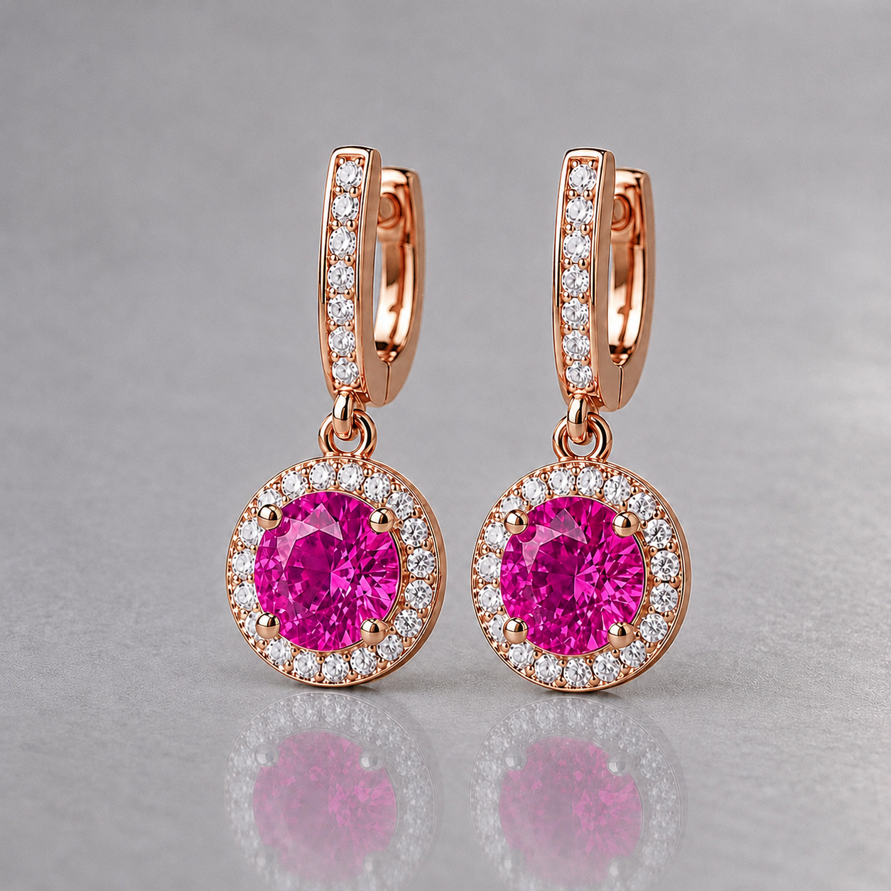 Natural Pink Sapphire Diamond Halo Handcrafted Rose Gold Earrings