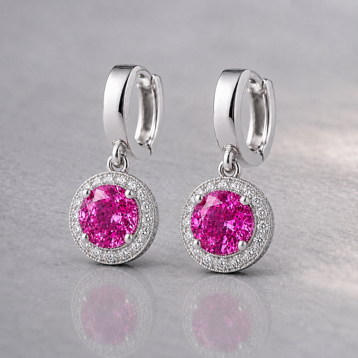 Natural Pink Sapphire Diamond Halo Handcrafted White Gold Earrings