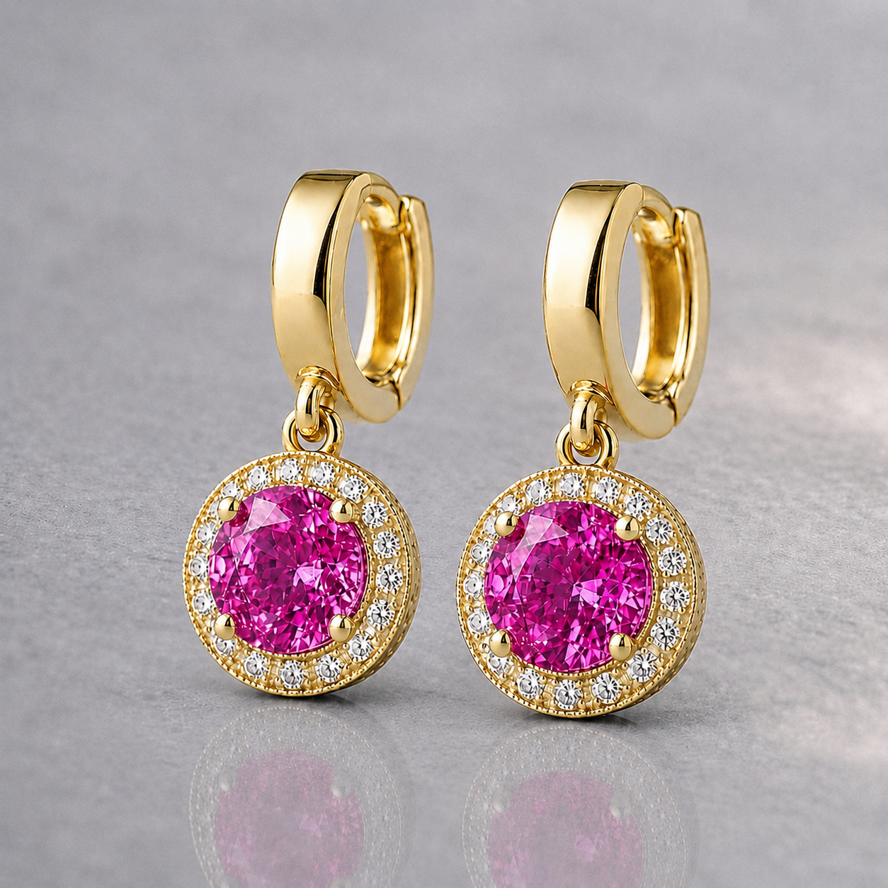 Natural Pink Sapphire Diamond Halo Handcrafted Yellow Gold Earrings