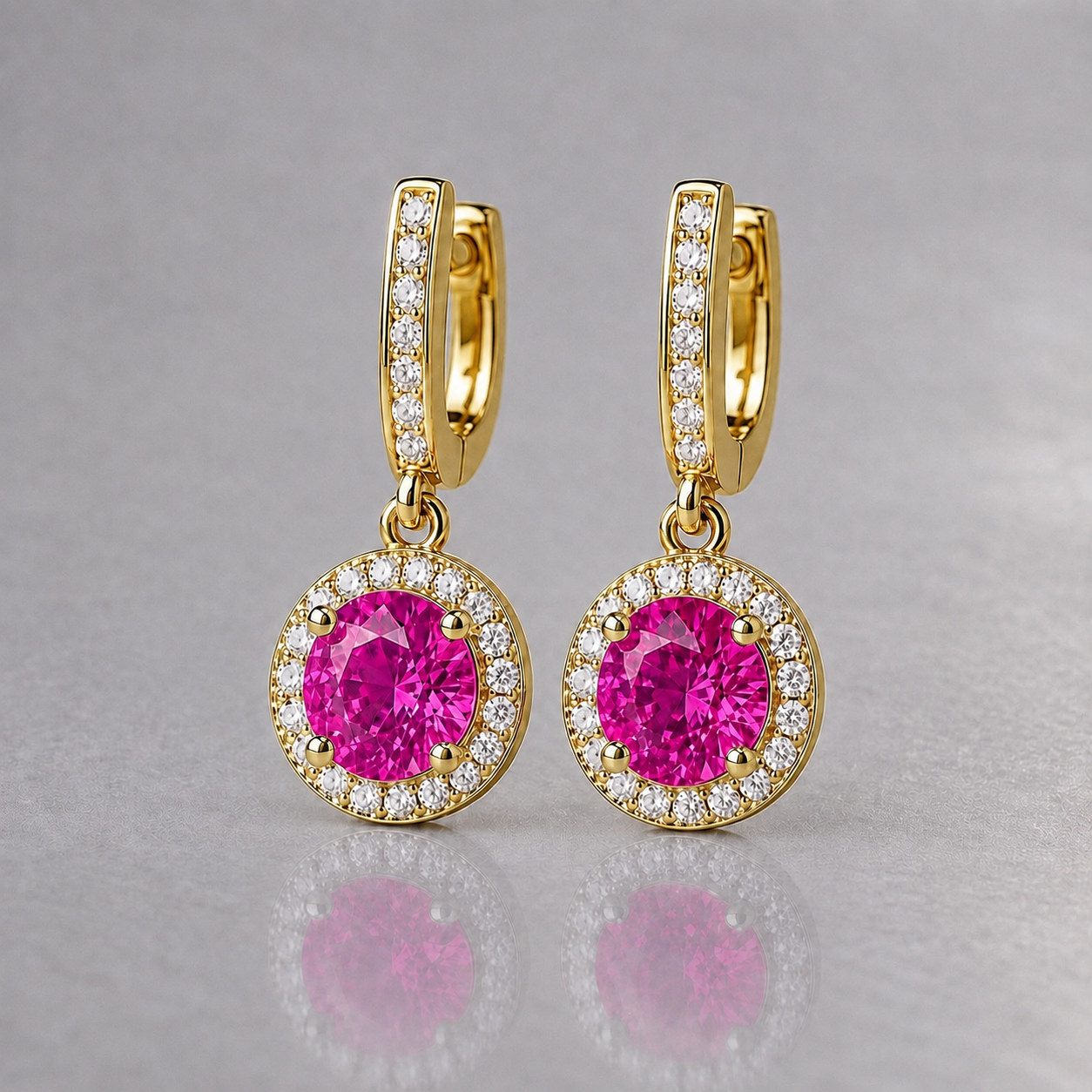 Natural Pink Sapphire Diamond Halo Handcrafted Yellow Gold Earrings