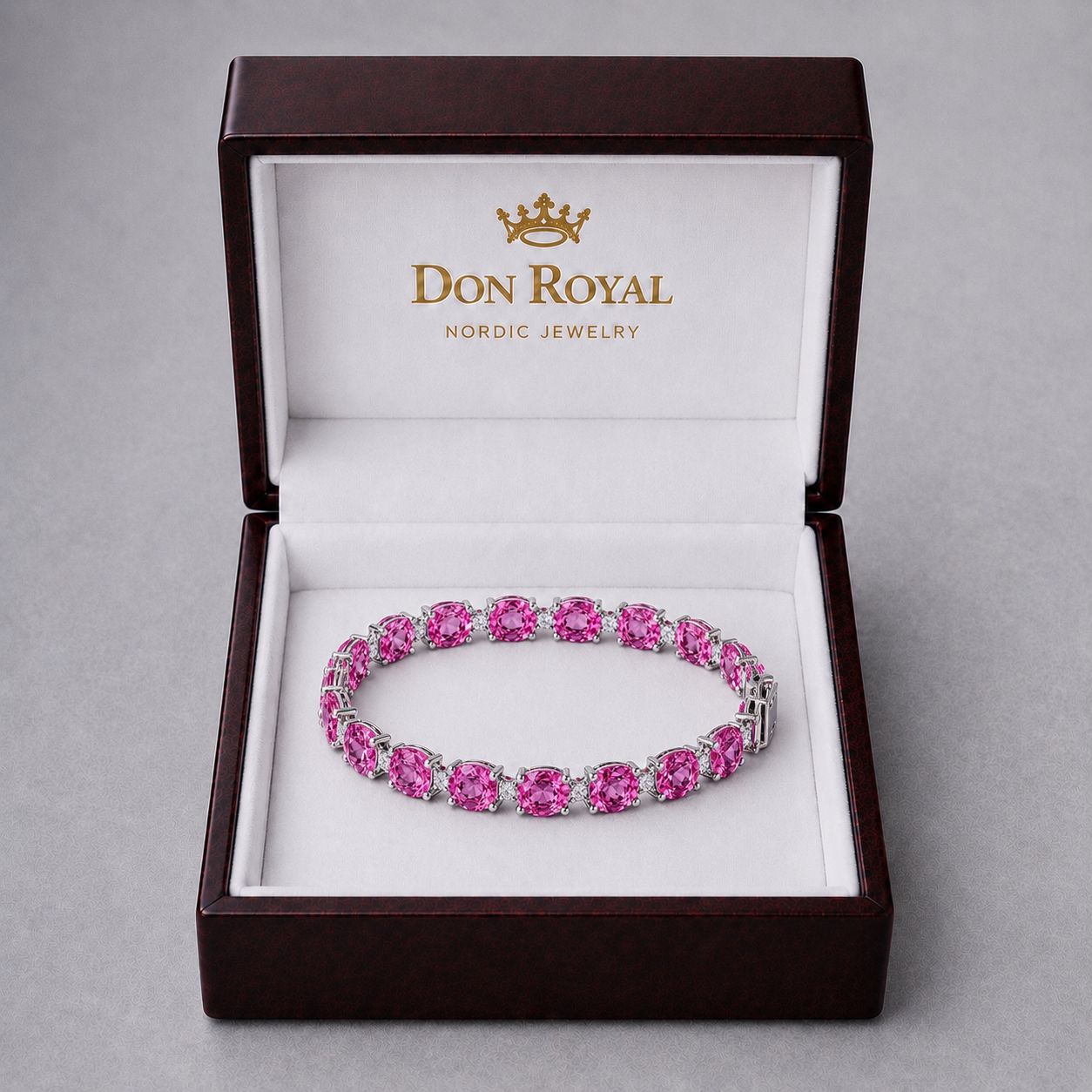 Natural Pink Sapphire Diamond Tennis Handcrafted Gold Bracelet Box