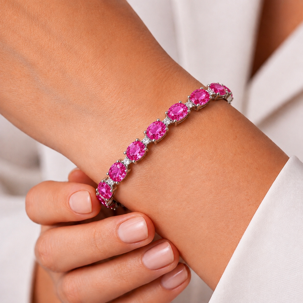 Natural Pink Sapphire Diamond Tennis Handcrafted Gold Bracelet Model