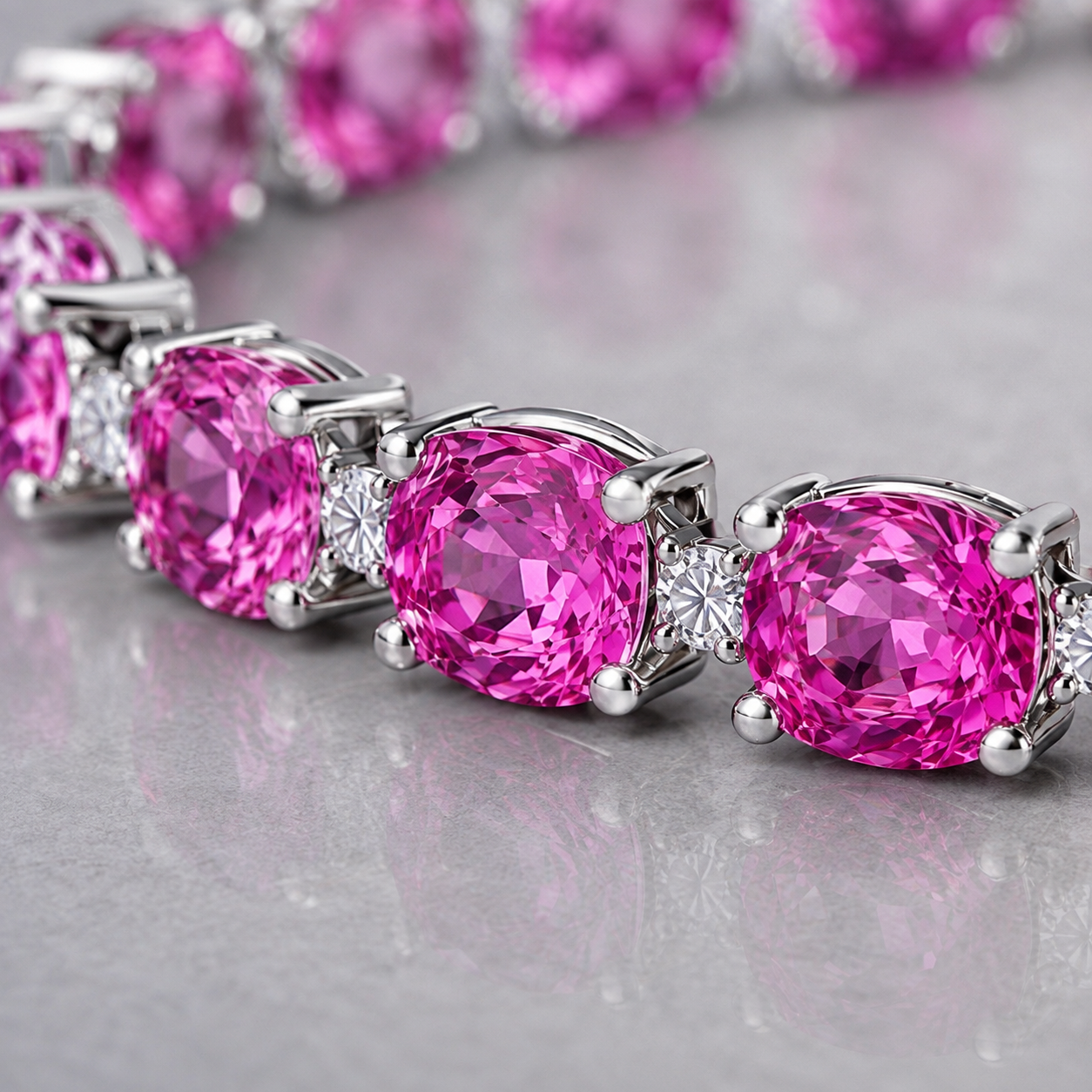 Natural Pink Sapphire Diamond Tennis Handcrafted Platinum Bracelet