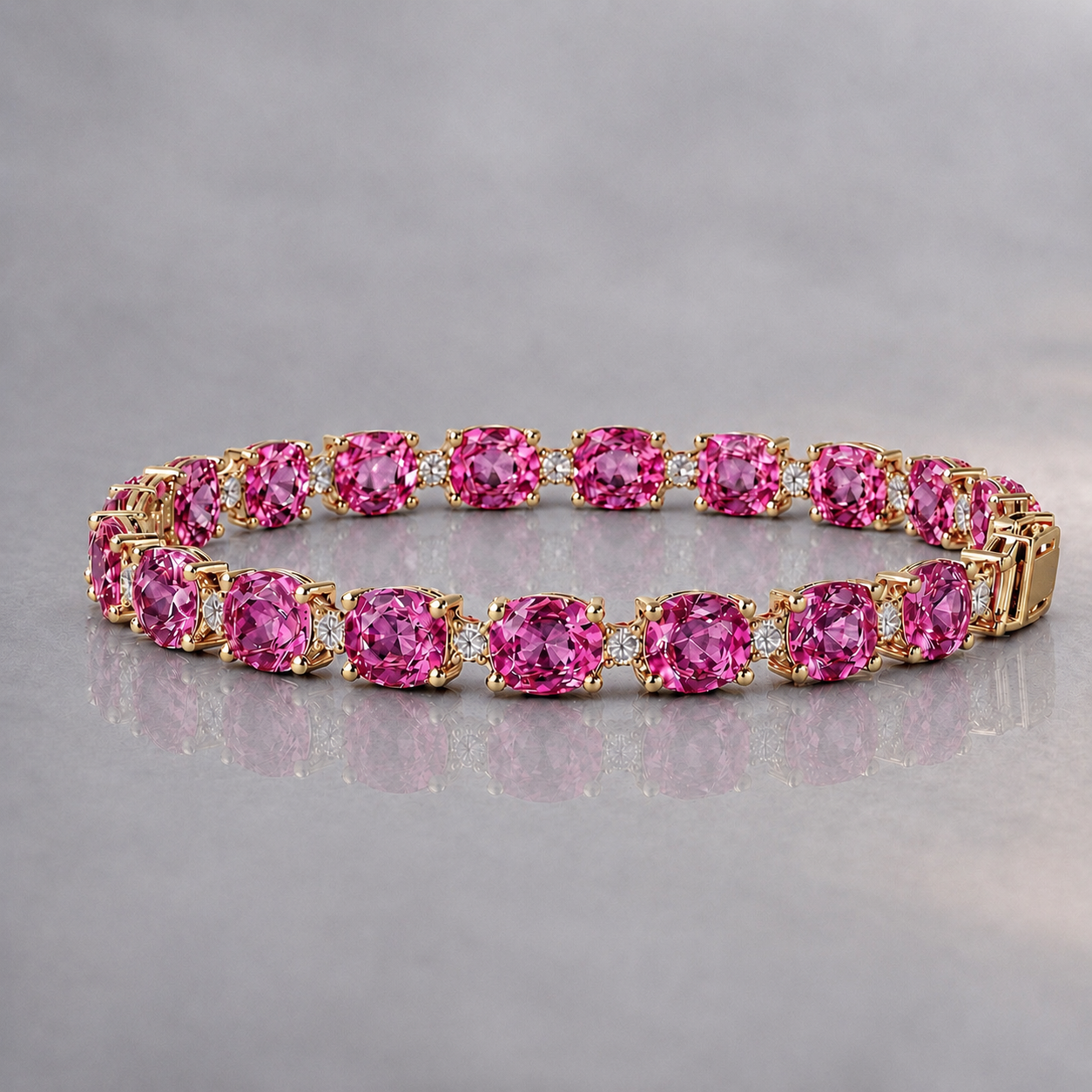 Natural Pink Sapphire Diamond Tennis Handcrafted Yellow Gold Bracelet