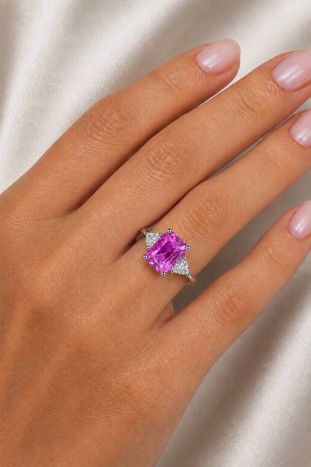 Natural Pinkish Purple Spinel Diamond Trilogy Handcrafted Gold Ring Model